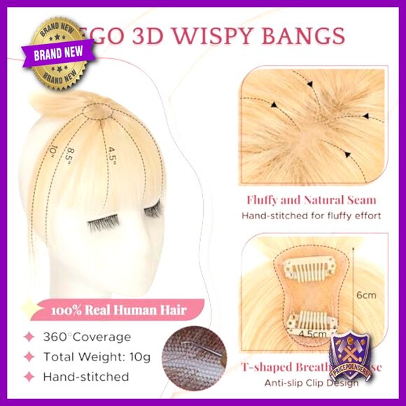 Real Human Hair Clip-In Bangs Wispy Topper 360 Coverage For Thinning Hair - Picture 2 of 6